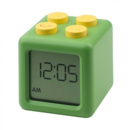 Cyfrowy zielony budzik w kształcie klocka zasilany baterią