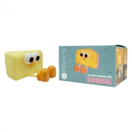 Lampka nocna LED w kształcie żółtego serka z delikatnym uśmiechem.