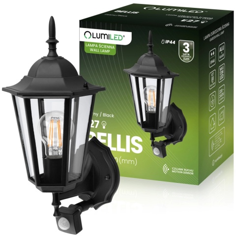 Kinkiet Ogrodowy Elewacyjny Zewnętrzny E27 LATARNIA do GÓRY z Czujnikiem Ruchu Czarna BELLIS