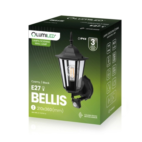 Kinkiet Ogrodowy Elewacyjny Zewnętrzny E27 LATARNIA do GÓRY z Czujnikiem Ruchu Czarna BELLIS