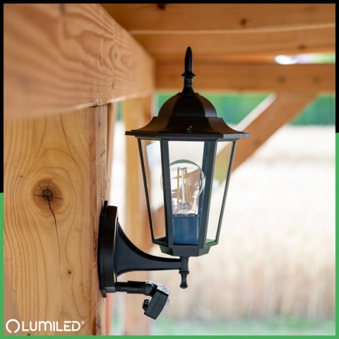 Kinkiet Ogrodowy Elewacyjny Zewnętrzny E27 LATARNIA do GÓRY z Czujnikiem Ruchu Czarna BELLIS