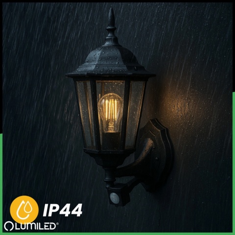 Kinkiet Ogrodowy Elewacyjny Zewnętrzny E27 LATARNIA do GÓRY z Czujnikiem Ruchu Czarna BELLIS