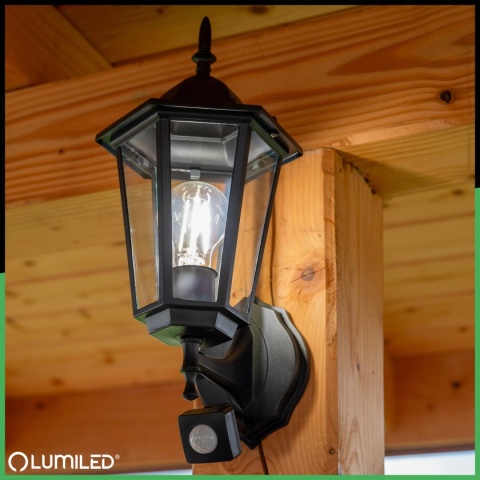 Kinkiet Ogrodowy Elewacyjny Zewnętrzny E27 LATARNIA do GÓRY z Czujnikiem Ruchu Czarna BELLIS