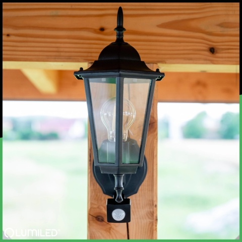Kinkiet Ogrodowy Elewacyjny Zewnętrzny E27 LATARNIA do GÓRY z Czujnikiem Ruchu Czarna BELLIS