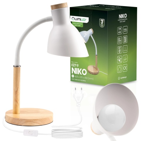 Biała lampka biurkowa NIKO z metalowym ramieniem i gwintem E27