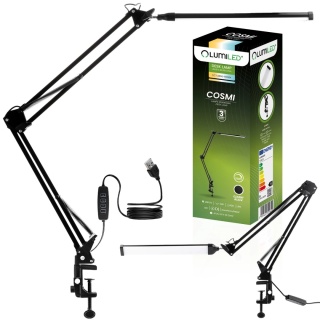 Lampka biurkowa LED 12W CCT USB Czarna COSMI Lumiled kreślarska regulowana