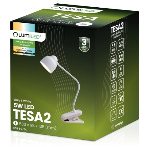 Lampka biurkowa LED TESA 2 5W CCT Biała szkolna kreślarska USB regulowana