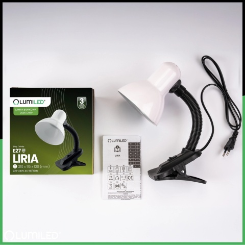 Biała lampka biurkowa LIRIA z mocnym klipsem i gwintem E27
