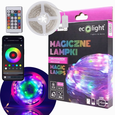 Magiczne lampki LED RGB USB IP65 100 led 10m Pilot Aplikacja DC 5V
