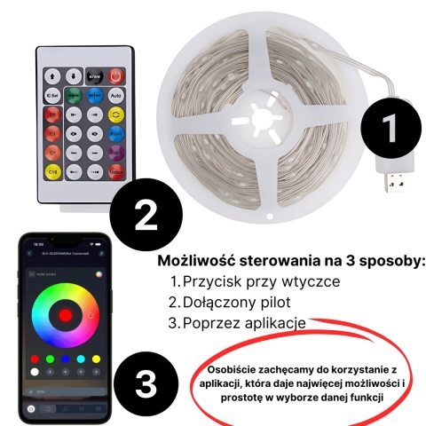 Magiczne lampki LED RGB USB IP65 100 led 10m Pilot Aplikacja DC 5V