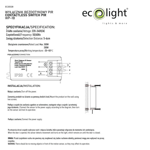 Włącznik wyłącznik bezdotykowy czujnik ruchu do LED zbliżeniowy ruch ręką