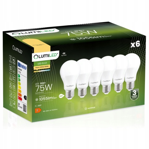 6x ŻARÓWKA ENERGOOSZCZĘDNA LED E27 10W = 75W 3000K CIEPŁA A60 LUMILED