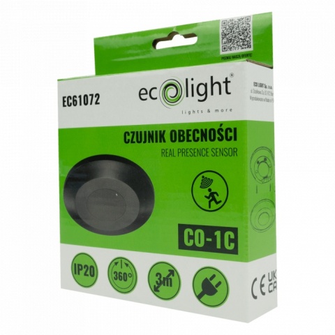 Czujnik Obecności Ruchu PIR CO-1C 360° Zasięg 3m IP20 Regulowany Czarny