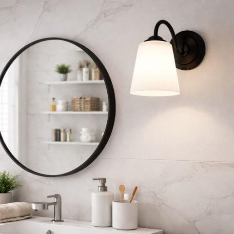 Kinkiet Pafos Black 1xE27 w łazience koło lustra