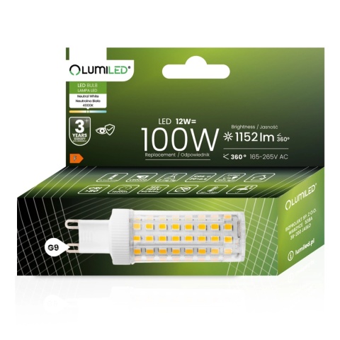Żarówka LED G9 Kapsułka 12W=100W 1152lm 4000k Neutralna LUMILED