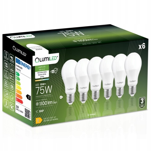 6x ŻARÓWKA ENERGOOSZCZĘDNA LED E27 10W = 75W 4000K NEUTRALNA A60 LUMILED