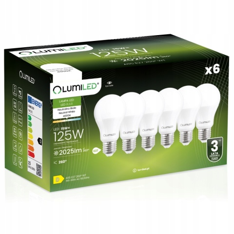 6x ŻARÓWKA ENERGOOSZCZĘDNA LED E27 15W = 125W 4000K NEUTRALNA A65 LUMILED