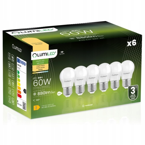 6x ŻARÓWKA ENERGOOSZCZĘDNA LED E27 8W = 60W 3000K CIEPŁA KULKA LUMILED
