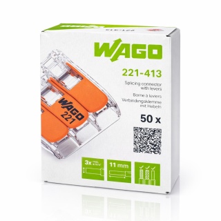 Szybkozłączka do linki i drutu 3x0,2-4mm² WAGO 221-413 OPAKOWANIE 50szt.