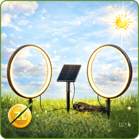 Dekoracyjne oświetlenie solarne Rings LUXA 3000K przy ścieżce ogrodowej