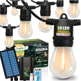 Długa Girlanda Solarna 20m 30x LED Żarówki Pilot Ogrodowa Taras IP65 Solena