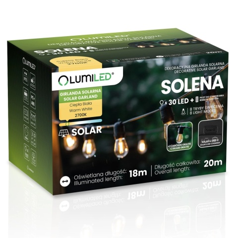 Długa Girlanda Solarna 20m 30x LED Żarówki Pilot Ogrodowa Taras IP65 Solena