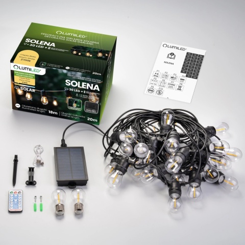 Długa Girlanda Solarna 20m 30x LED Żarówki Pilot Ogrodowa Taras IP65 Solena