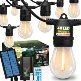 Długa Girlanda Solarna 20m 40x LED Żarówki Pilot Ogrodowa Taras IP65 Solena