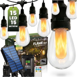 Girlanda Solarna 15m 15x LED Efekt Płomienia Ogień Ogrodowa Lampa Flame