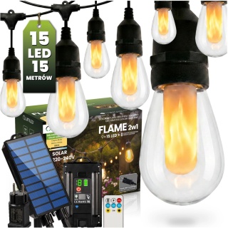 Girlanda Solarna 15m 15x LED Efekt Płomienia Ogień Ogrodowa Lampa Flame