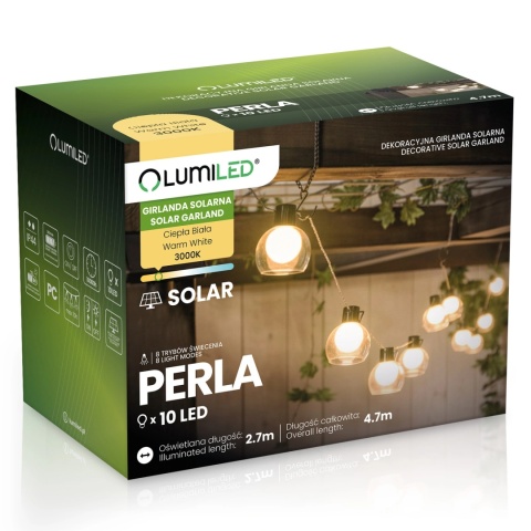 Girlanda Solarna 4,7m 10x LED Kulki Ogrodowa na Balkon Taras Perła IP44