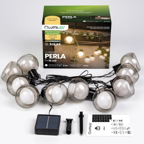 Girlanda Solarna 4,7m 10x LED Kulki Ogrodowa na Balkon Taras Perła IP44