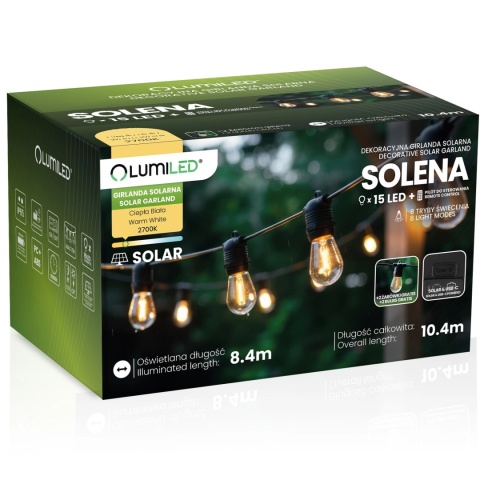 Girlanda Solarna Ogrodowa 10,4m 15x LED Żarówki z Pilotem Ciepła Barwa IP44
