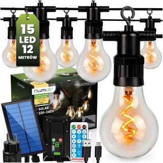 Girlanda Solarna Ogrodowa 11,5m 15x LED Żarówki Pilot Bardzo Ciepła Alavas