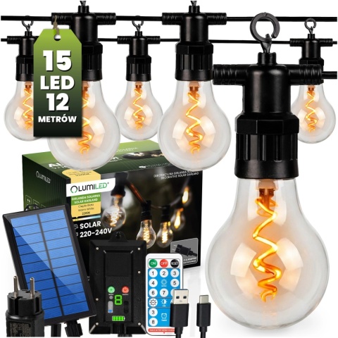 Girlanda Solarna Ogrodowa 11,5m 15x LED Żarówki Pilot Bardzo Ciepła Alavas