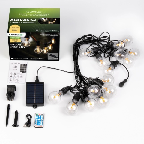 Girlanda Solarna Ogrodowa 11,5m 15x LED Żarówki Pilot Bardzo Ciepła Alavas