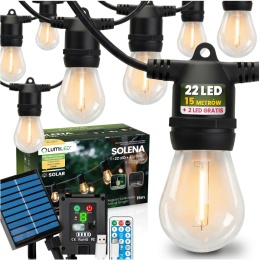 Girlanda Solarna Ogrodowa 15m 22x LED Żarówki z Pilotem Ciepła Barwa IP44