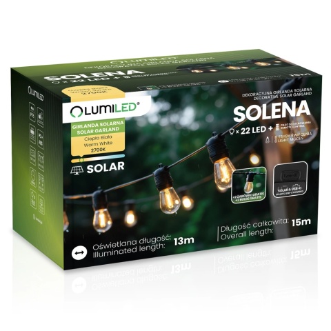Girlanda Solarna Ogrodowa 15m 22x LED Żarówki z Pilotem Ciepła Barwa IP44