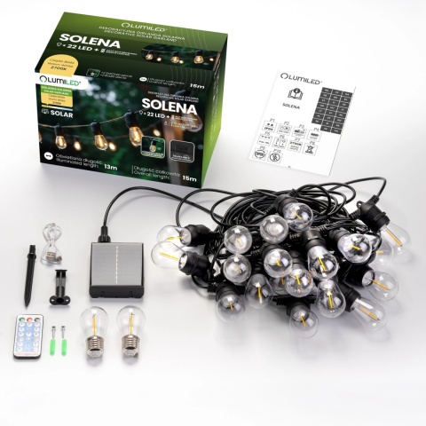 Girlanda Solarna Ogrodowa 15m 22x LED Żarówki z Pilotem Ciepła Barwa IP44
