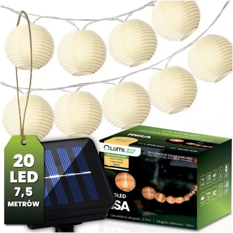 Girlanda Solarna Ogrodowa 7,6m 20 LED Lampioniki Ciepłe Światło Taras Boho