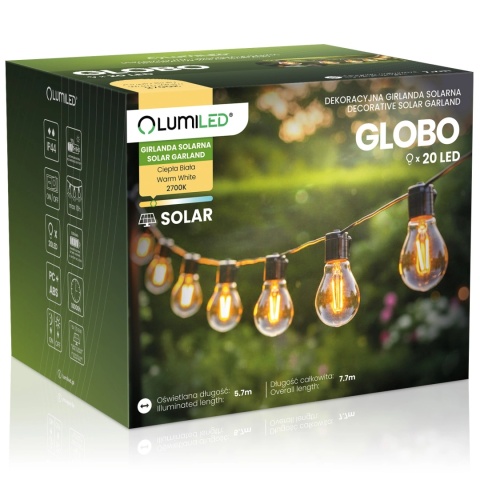 Girlanda Solarna Ogrodowa 7,7m 20 LED Żarówki Retro Ciepła Barwa Zewnętrzna