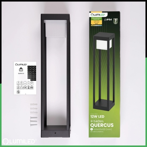 LUMILED SŁUPEK OGRODOWY LED QUERCUS 60CM 12W 3000K CZARNY IP54 NOWOCZESNY