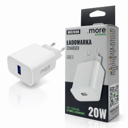 Ładowarka sieciowa USB-A 20W PD 3A Szybkie Ładowanie Telefon Tablet Biała