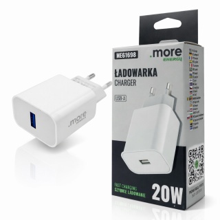 Ładowarka sieciowa USB-A 20W PD 3A Szybkie Ładowanie Telefon Tablet Biała