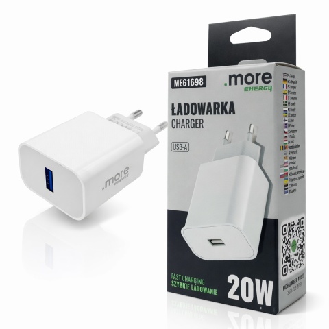 Ładowarka sieciowa USB-A 20W PD 3A Szybkie Ładowanie Telefon Tablet Biała