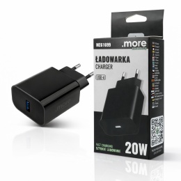 Ładowarka sieciowa USB-A 20W PD 3A Szybkie Ładowanie Telefon Tablet Czarna