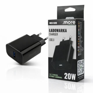 Ładowarka sieciowa USB-A 20W PD 3A Szybkie Ładowanie Telefon Tablet Czarna