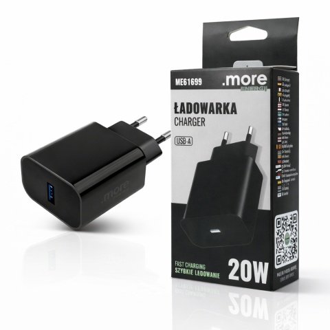 Ładowarka sieciowa USB-A 20W PD 3A Szybkie Ładowanie Telefon Tablet Czarna