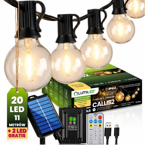 Lampa Solarna Girlanda 10m 20 LED Kulki Pilot IP44 Zewnętrzna Mocna CALLIS2