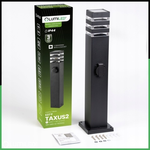 Lampa Zewnętrzna Stojąca 60cm E27 + Gniazdo 230V Słupek Czarny Taxus 2 IP44